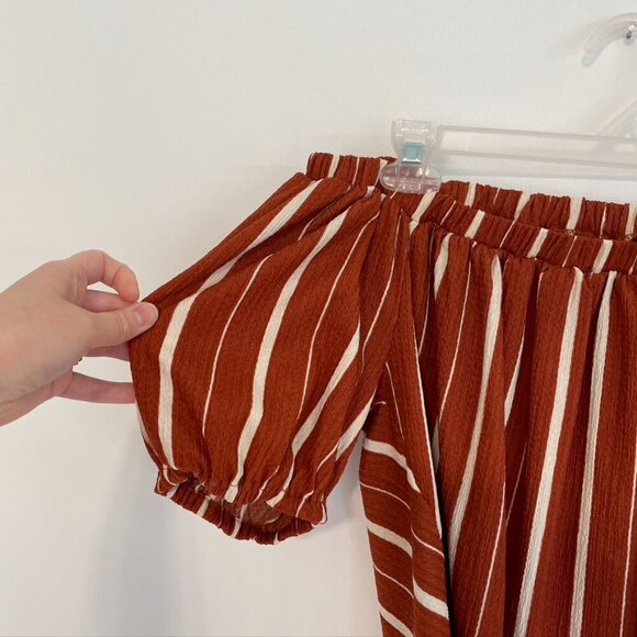 ANTHROPOLOGIE ANTHRO Elodie Off the Shoulder Top Terracotta Rust Red Stripe Boho - Picture 7 of 12
